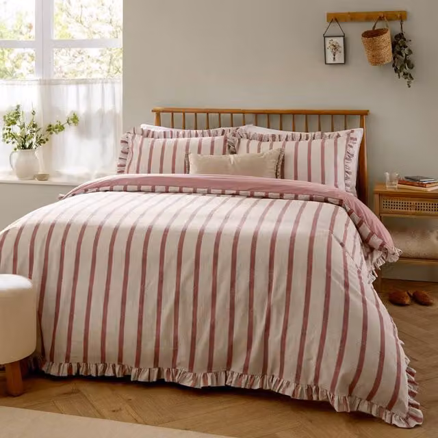 Wylder Connie Striped Ruffle Cotton Duvet Cover Set in Pink, Reversible, W/D/H: 90 x 200 cm