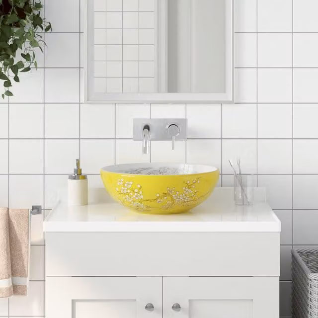 Berkfield Home Round Ceramic Countertop Basin in White and Yellow, W: 41 cm, H: 14 cm