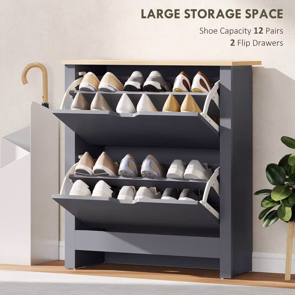 HOMCOM 12-Shoe Storage Cabinet with 4 Shelves and 2 Drawers in Anthracite Grey – 4