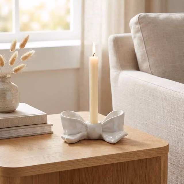 Garden Greatness Relica Blanc Bow Taper Candle Holder in White/Beige Ceramic
