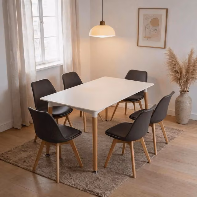 Home Source Braga White Rectangular Dining Table and 6 Lisbon Grey Chairs Set