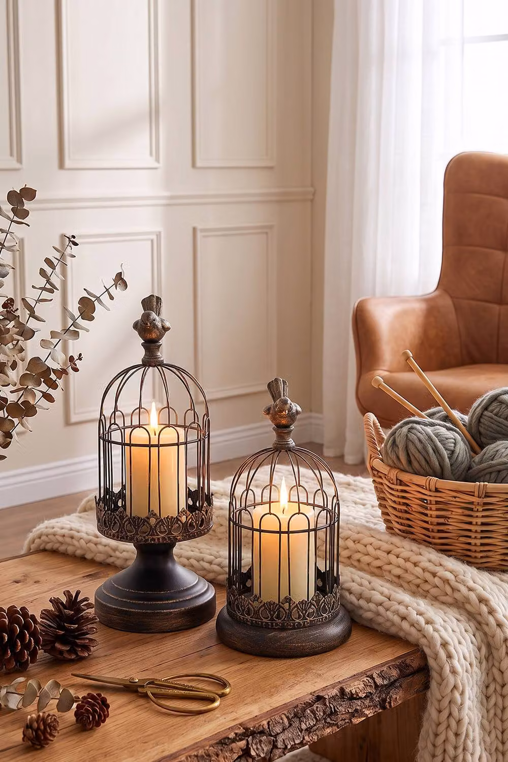 Living and Home Set of 2 Vintage-Style Metal Birdcage Candle Holders in Black – 3
