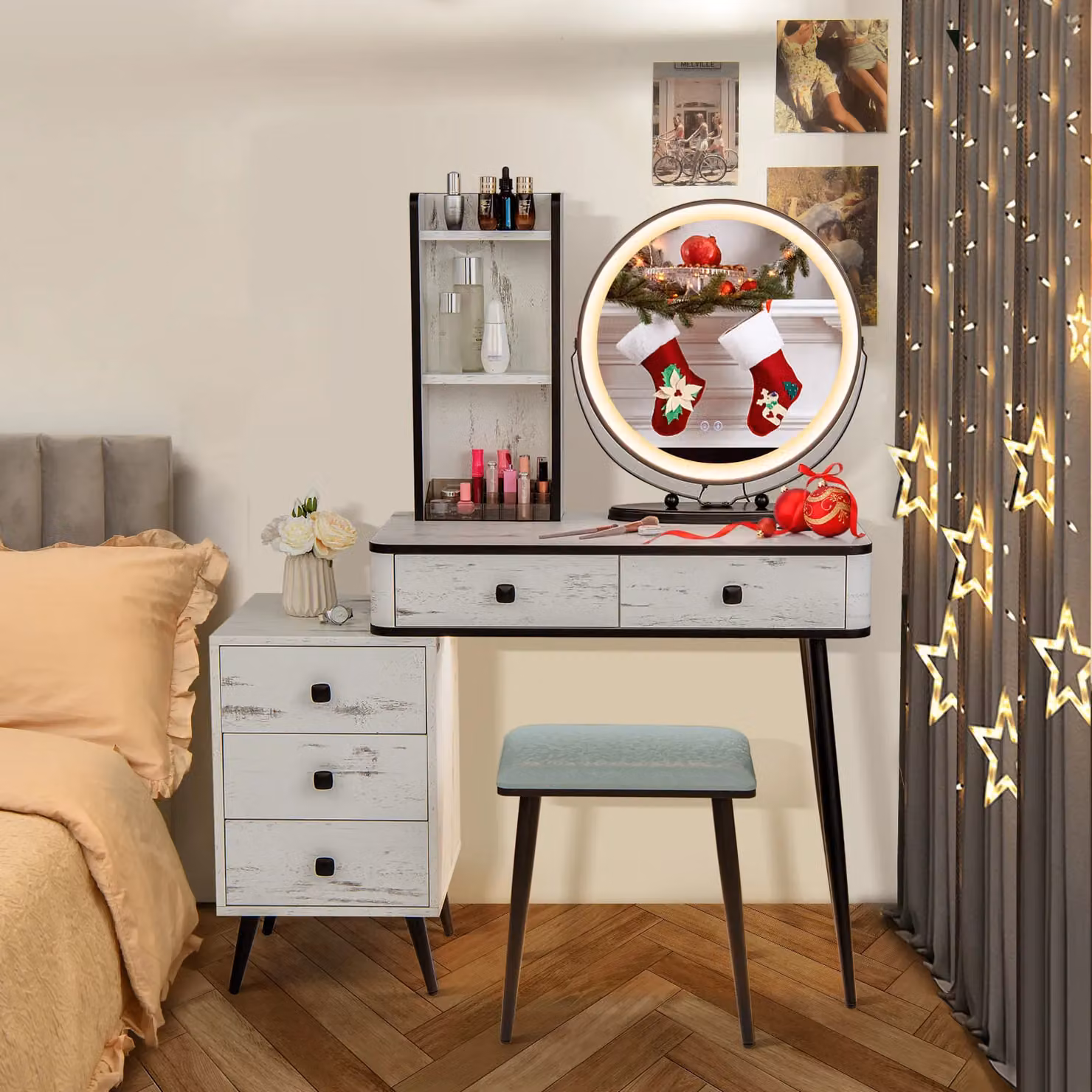 Gymax Dressing Table with Stool Set featuring 3-Colour LED Lighted Mirror and 3 Drawers in White – 3