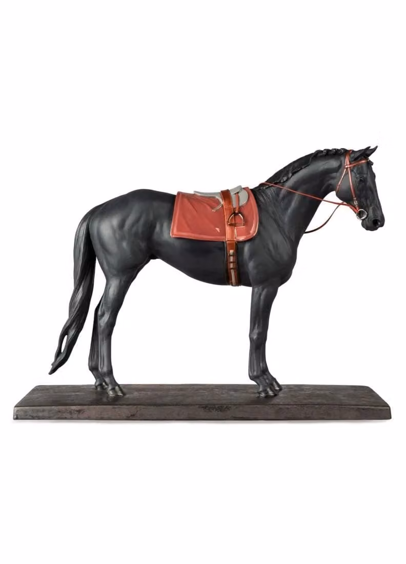 Lladró English Purebred Horse Porcelain Tabletop Sculpture in Black, Grey and Red