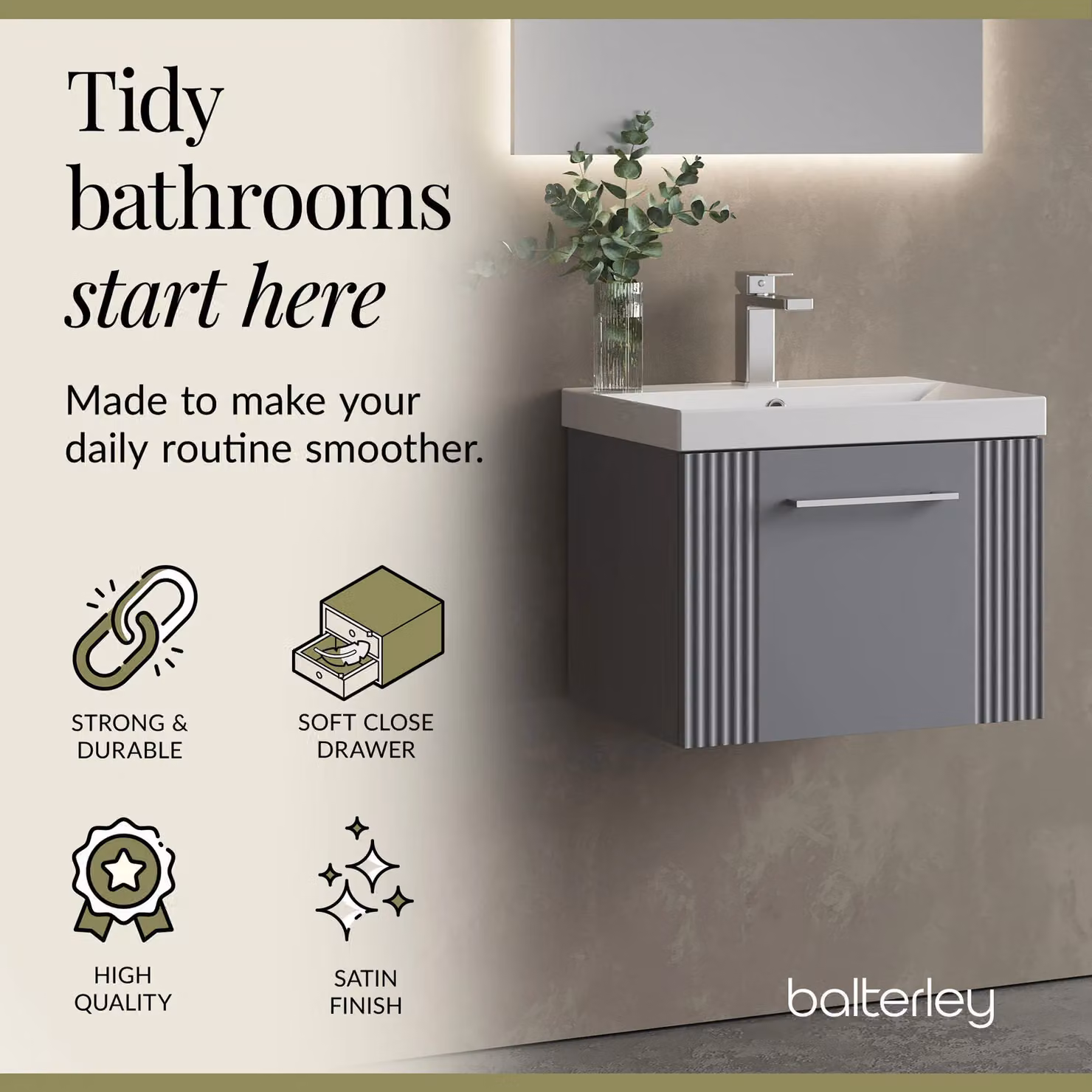 Balterley Wall Hung 1 Drawer Vanity Unit with Thin-Edge Basin, Satin Grey, W: 50 cm, D: 39.5 cm – 2