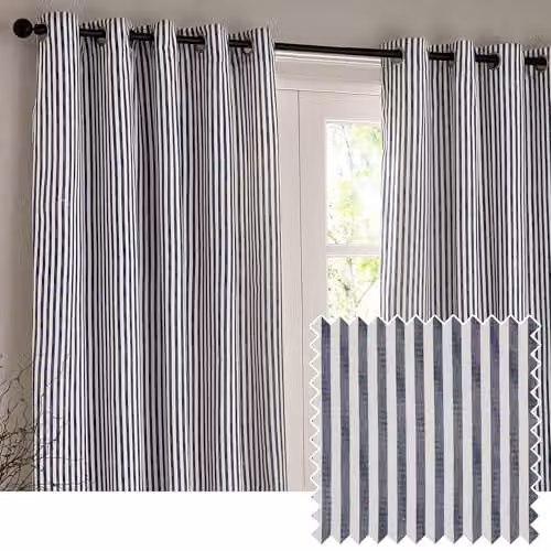 Riva Home Blue Striped Opaque Eyelet Curtain Pair, W: 168 cm, H: 137 cm