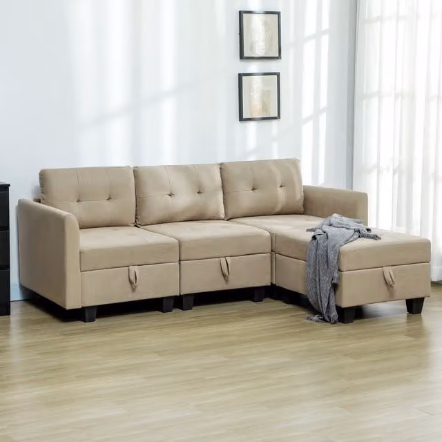 HOMCOM Modular L-Shape Sectional Sofa with Storage and Matching Ottoman, Reversible Fabric Upholstery, Light Brown
