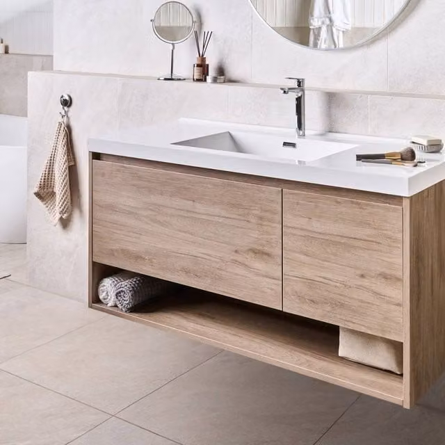 Wyld Haus Modern Wall-Mounted Bathroom Vanity Unit in Brown with Soft-Close Doors and Drawers, W/D/H: 120 x 55 x 50 cm – 1