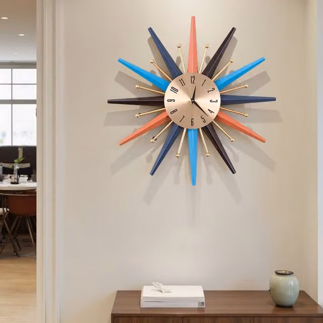 Komore Mid-Century Metal Starburst Decorative Wall Clock in Gold, Turquoise and Multicolour, Diameter: 70 cm