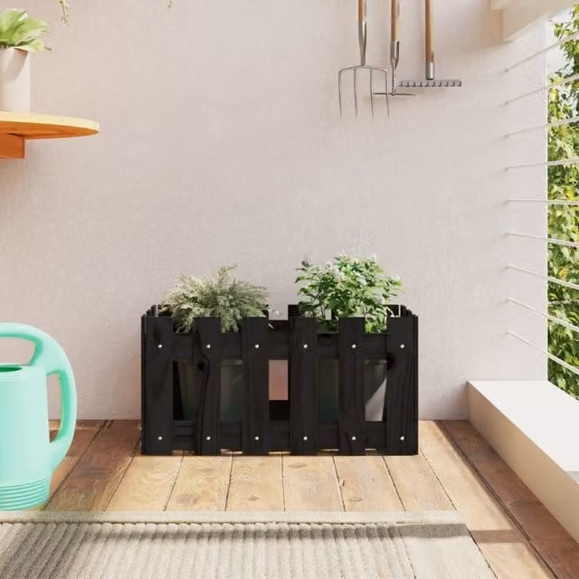Berkfield Home Garden Planter with Fence Design in Black, Solid Wood and Plastic, W: 60 cm, D: 30 cm, H: 30 cm – 1