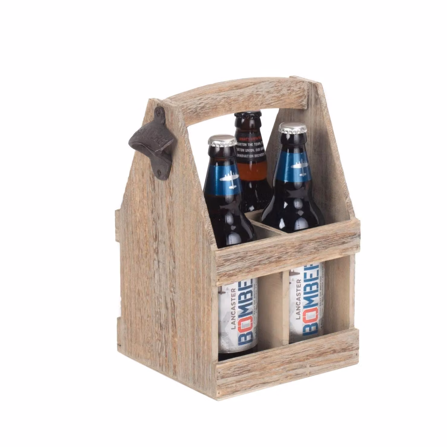 Red Hamper Oak Effect Wood 4 Beer Bottle Carrier with Bottle Opener in Brown and Red – 2