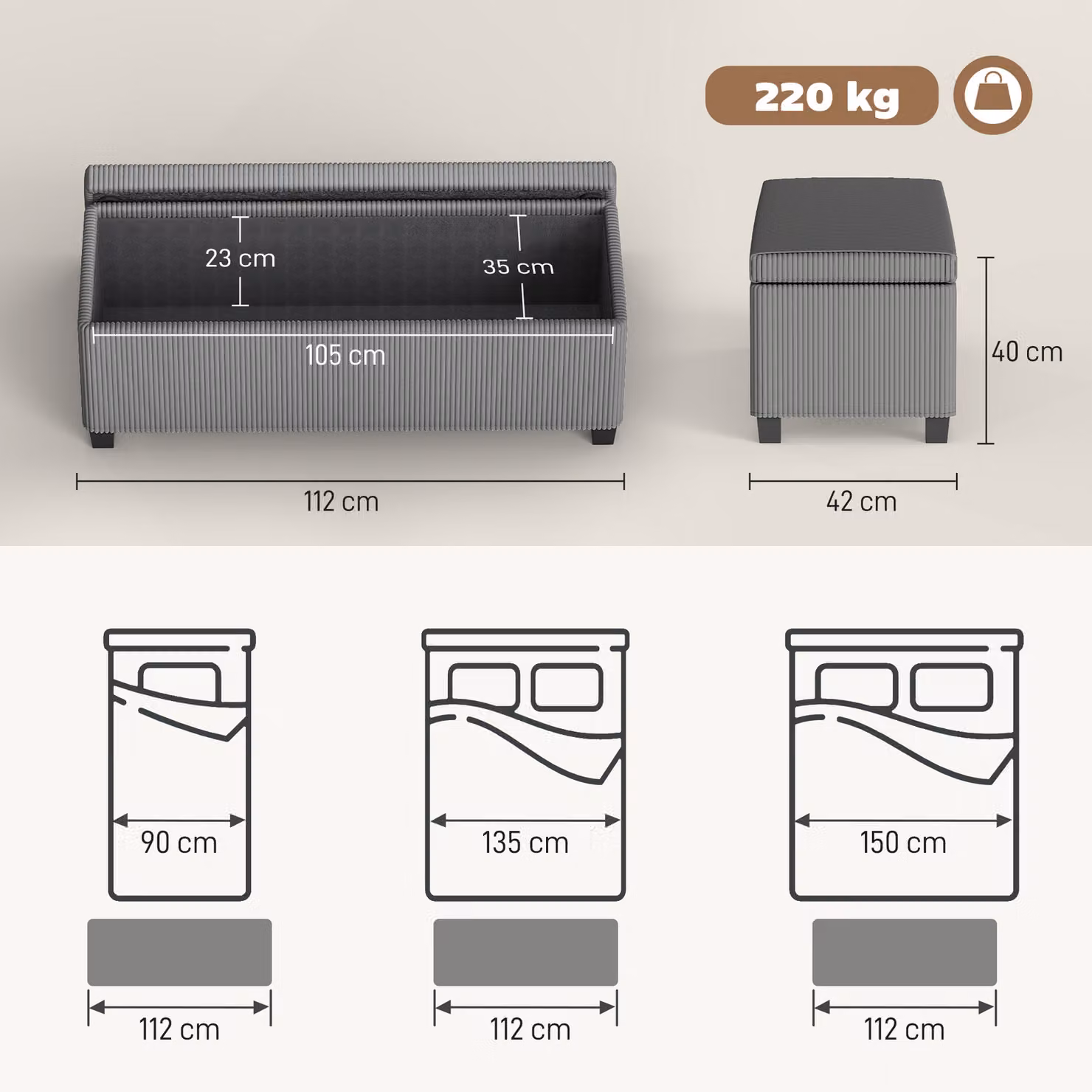 HOMCOM Grey Corduroy Storage Ottoman Bench with Removable Lid and Metal Legs – 3