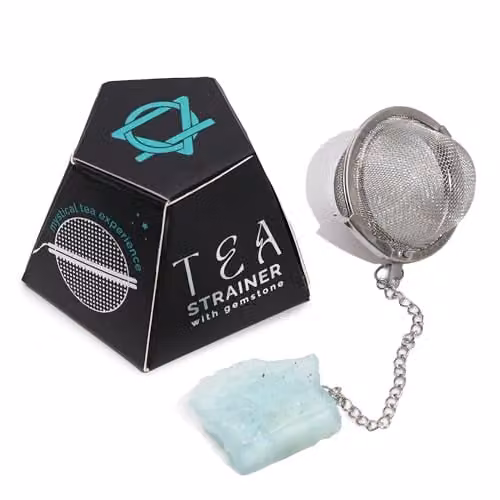 KDMD Blue Aquamarine Raw Crystal Gemstone Tea Strainer with Fine Mesh Stainless Steel Sieve