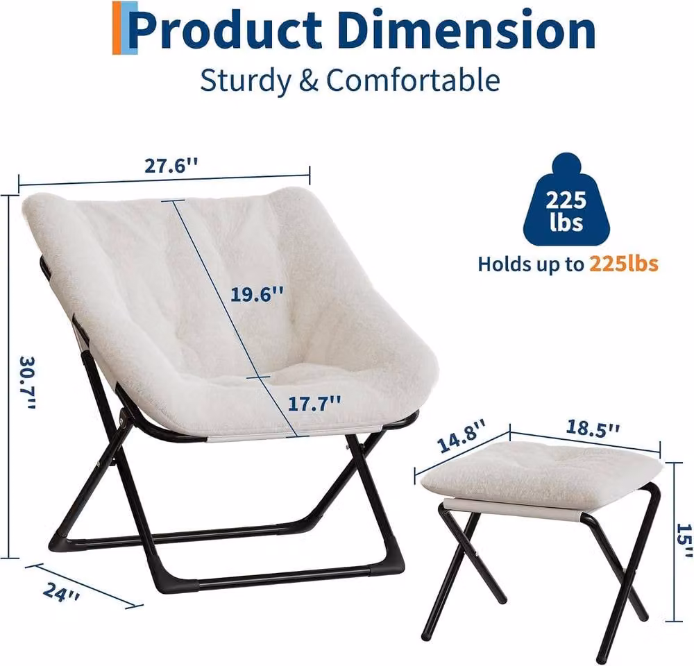 London Boutique Off-White Bouclé Folding Saucer Lounge Chair with Ottoman and Metal Frame – 2