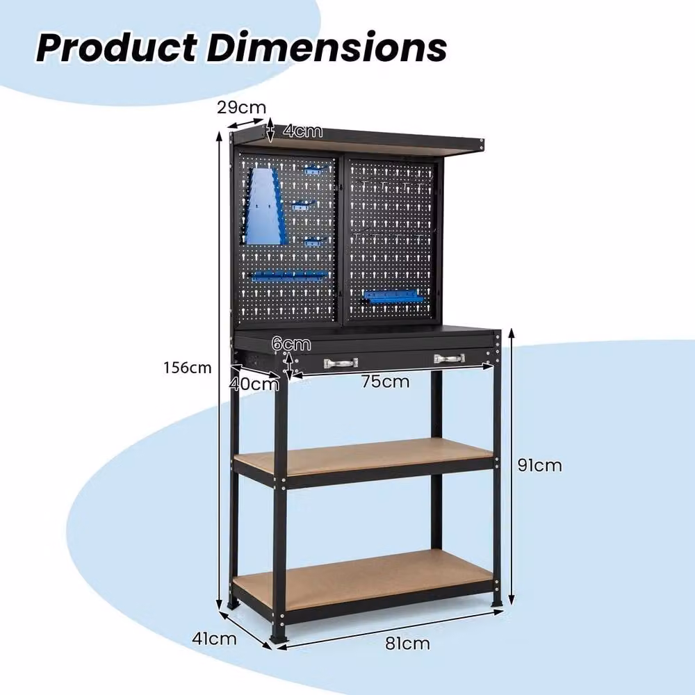 VOGREX Black Metal and Plastic Workbench Tool Storage with Pegboard and Shelves – 2