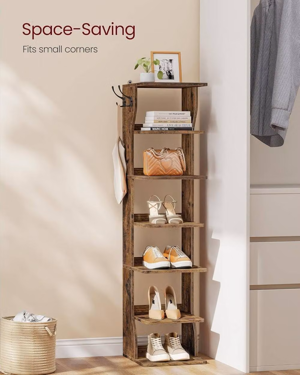London Boutique Narrow Wooden Shoe Rack and Organiser with Hooks in Brown, W/D/H: 26.5 x 10.0 x 110.0 cm – 2