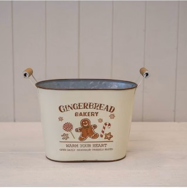 KDMD Gingerbread Bakery Small Oval Planter in Cream and White Metal