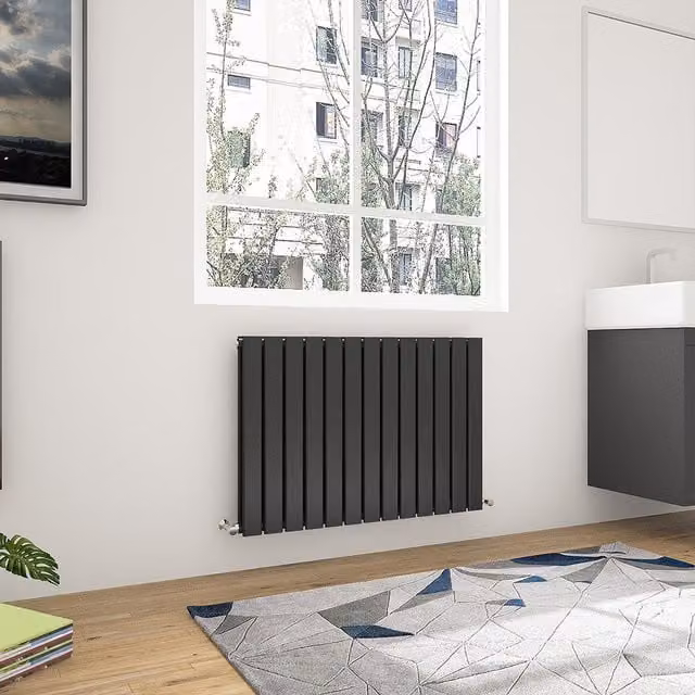 AicaBathroom Horizontal Flat Panel Steel Radiator in Black, Width: 88.4 cm