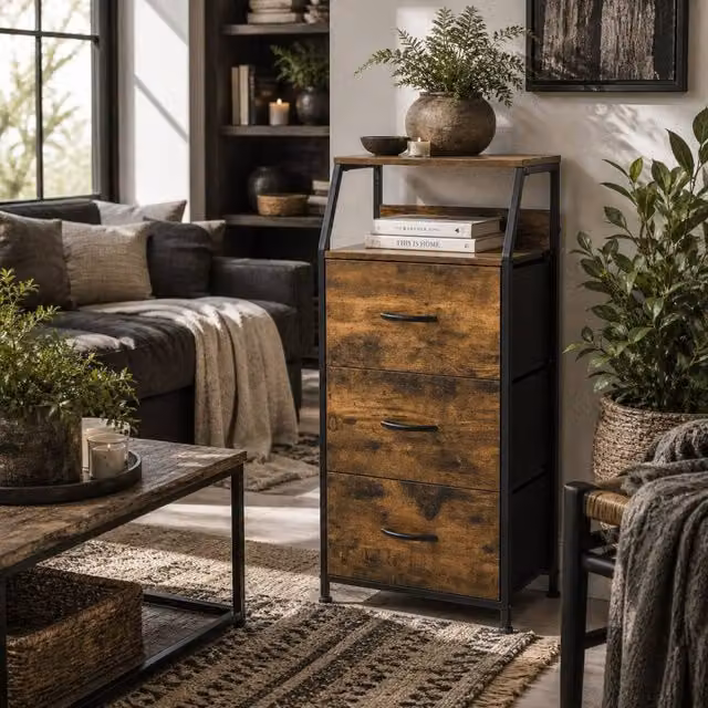 Wyld Haus Elsuve Industrial 3 Drawer Storage Chest in Rustic Brown Metal and Fabric