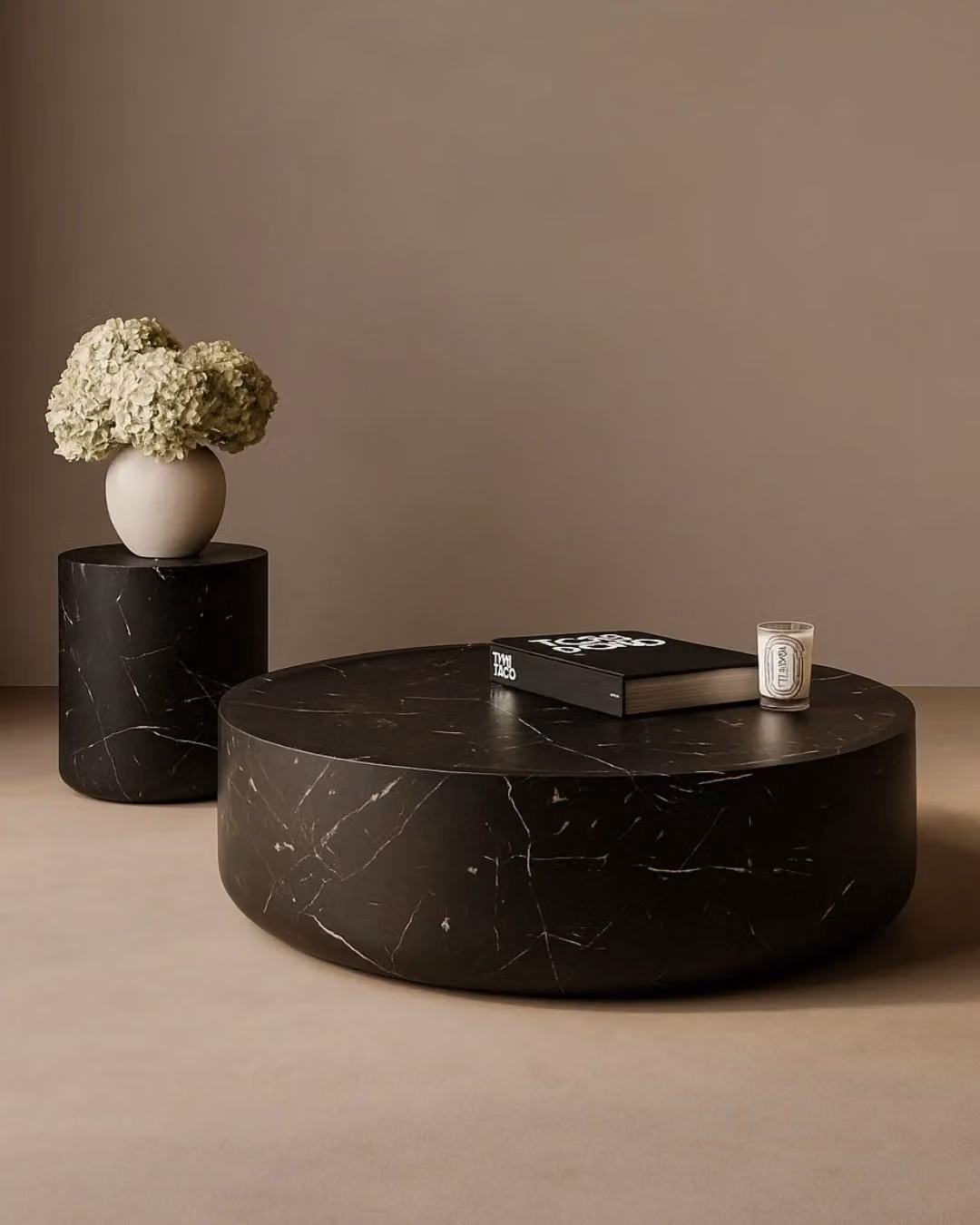 Tommy Franks Ciladro Round Coffee Table in Black Faux Marble, W: 110 cm, D: 110 cm, H: 31 cm