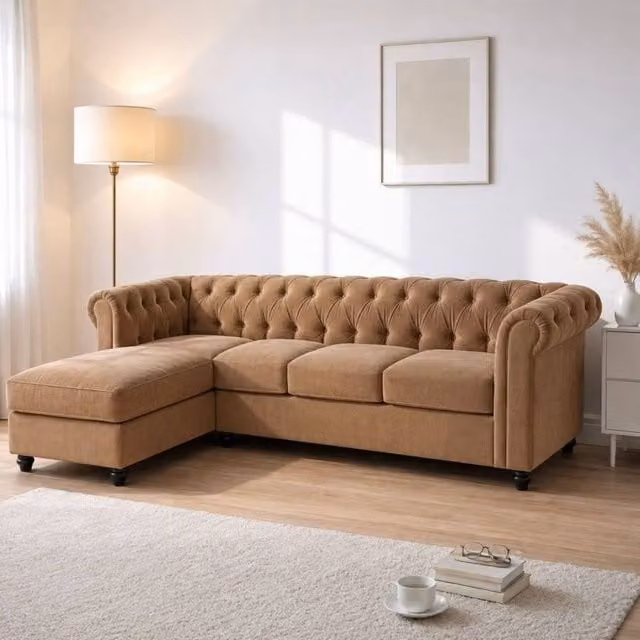 Sofaya Hampton 4 Seater L Shape Chesterfield Sofa in Brown Velvet with Left Hand Chaise – 1