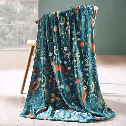 Catherine Lansfield Enchanted Twilight Animals Cosy Fleece Blanket Throw, Green, W/D/H: 130 x 170 cm