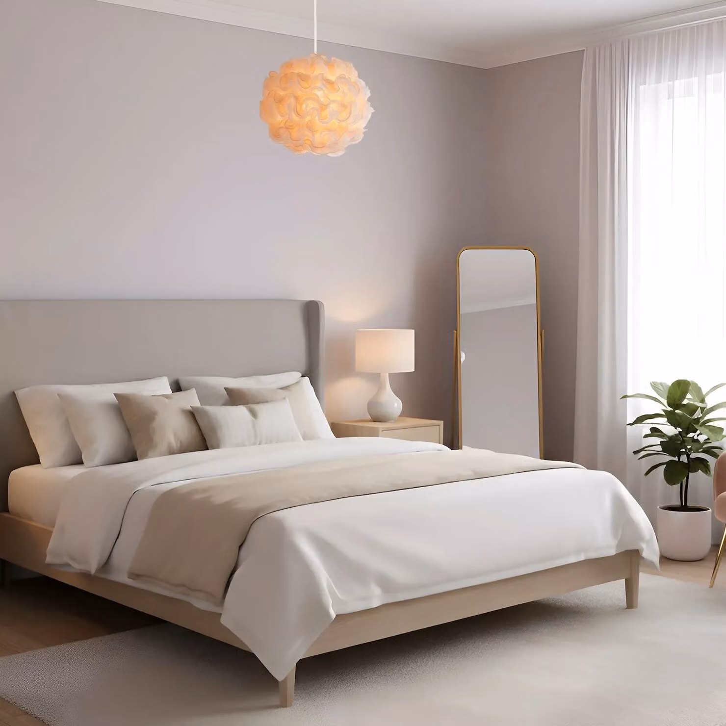 Happy Homewares Modern Round Fabric Pendant Light Shade in White and Taupe – 2