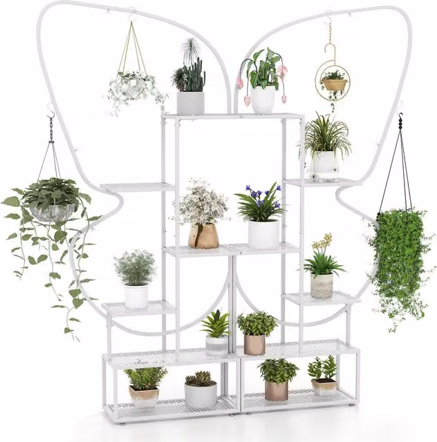 COSTWAY 6-Tier Butterfly-Shaped Metal Flowerpot Shelf in White, H 185 x W 26 x D 26 cm