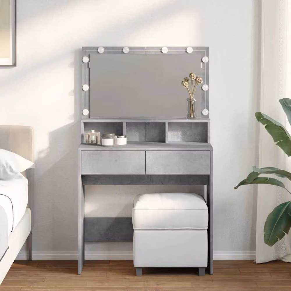 Berkfield Home Beautiful Modern Dressing Table with Hollywood LED Mirror in Concrete Grey, W: 80 cm, D: 41 cm, H: 134.5 cm – 2