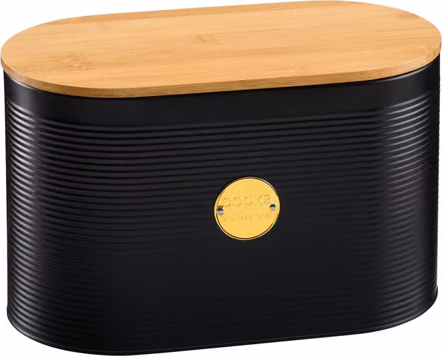 Cooks Professional Ribbed Bread Bin with Linen Bag and 2-in-1 Bamboo Cutting Board Lid in Black and Gold