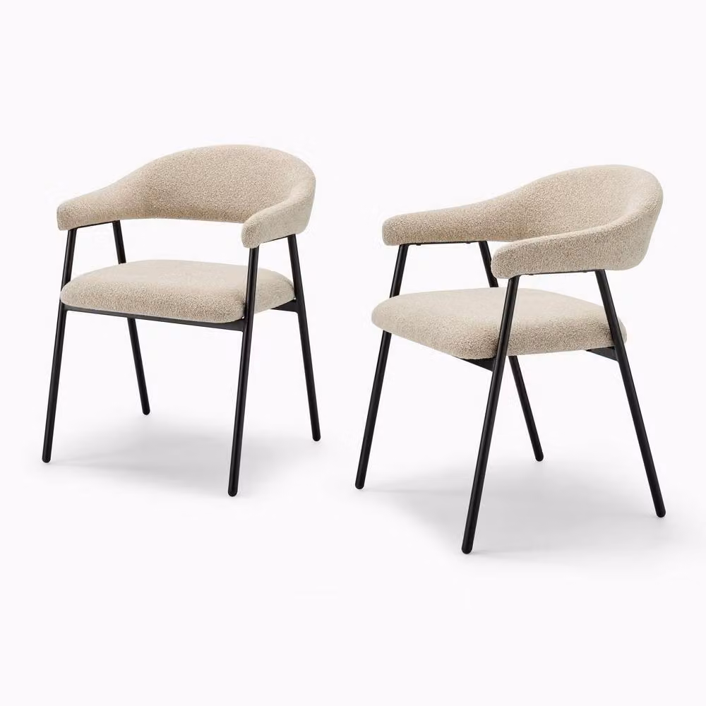 FurnitureboxUK Set of 2 Delos Beige Bouclé Fabric Dining Chairs with Armrests – 2