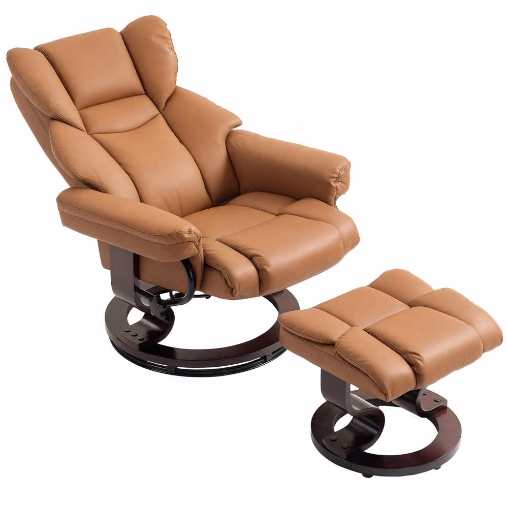 STILVORA Brown Faux Leather Recliner Armchair with Ottoman and 360 Degree Swivel Function – 5
