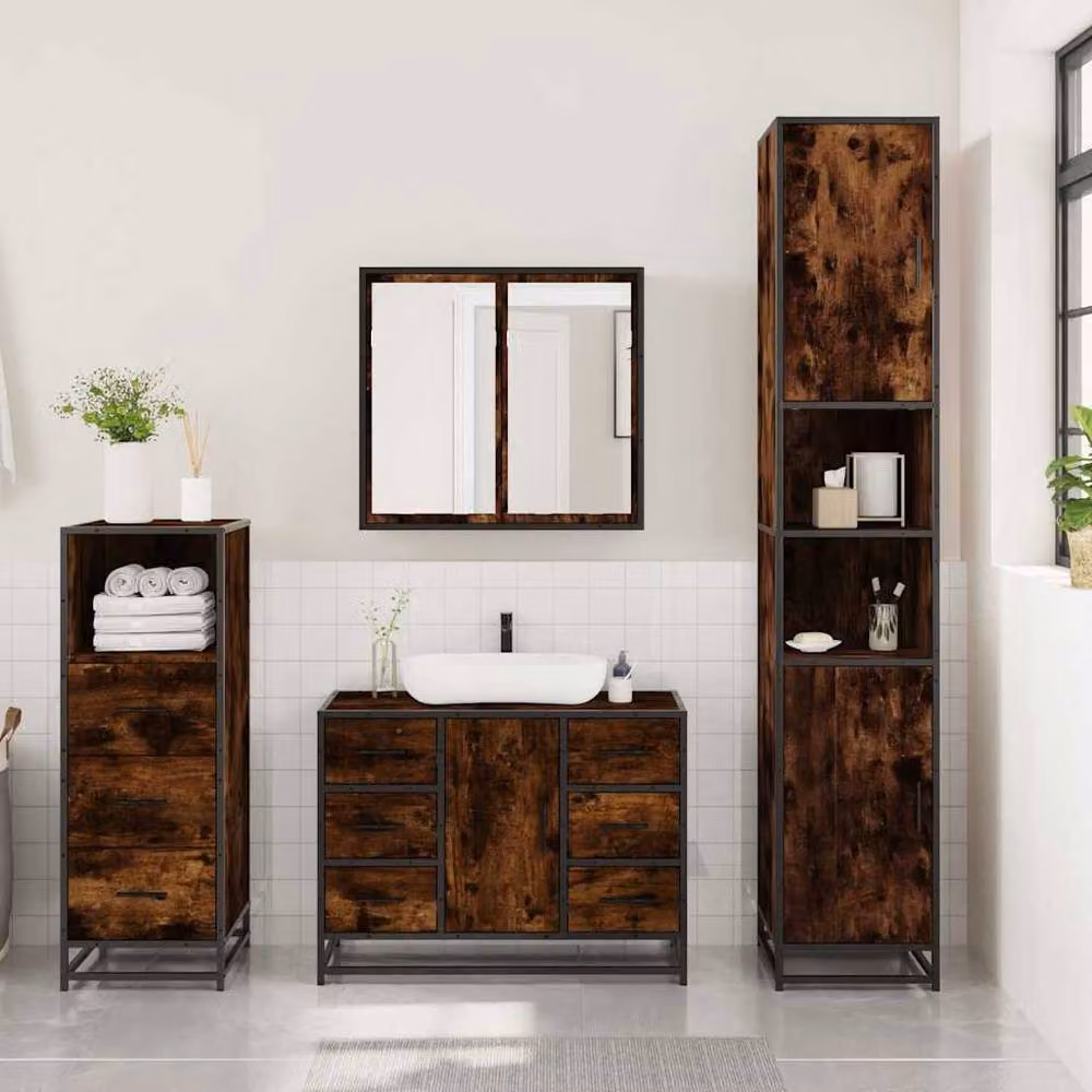 Berkfield Home 3 Piece Industrial Bathroom Furniture Set in Smoked Oak Brown – 3