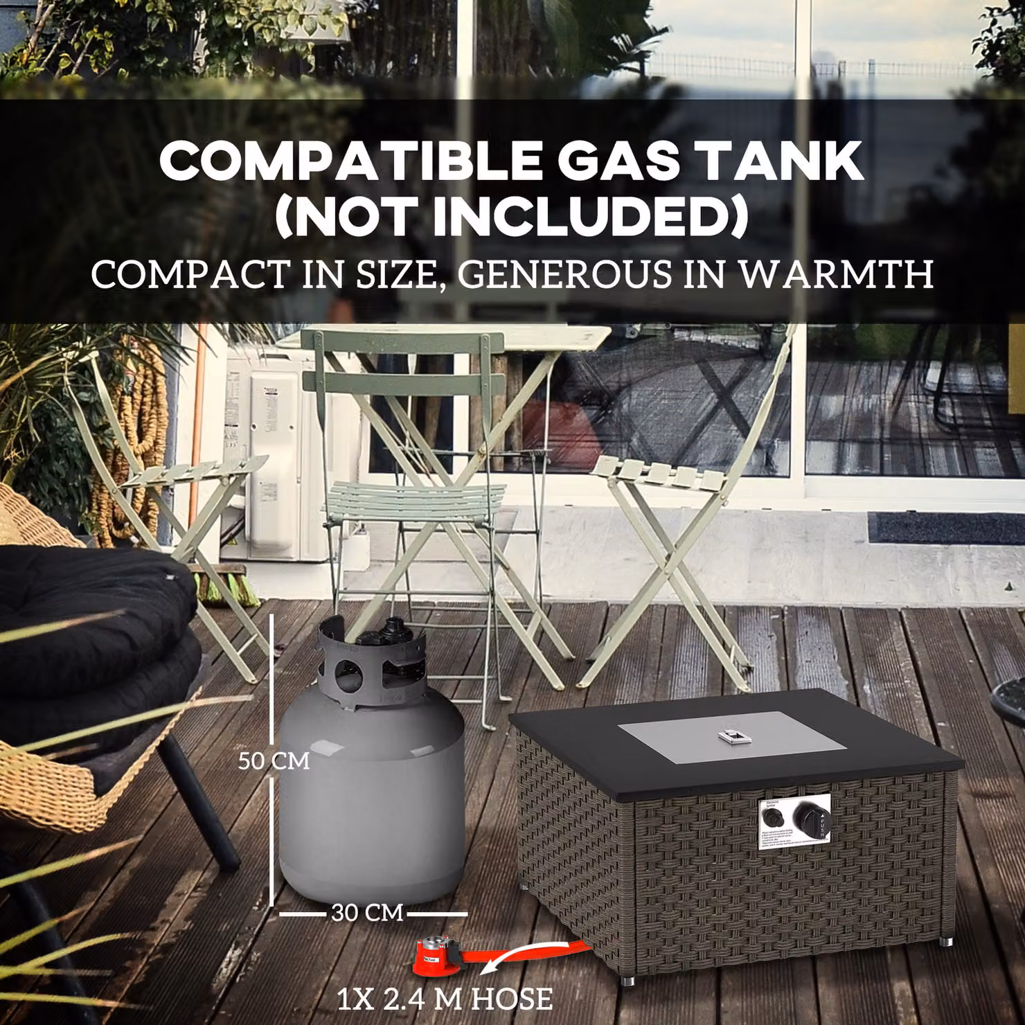Outsunny Grey Rattan Gas Fire Pit Table with Lid, 13 KW Smokeless Propane Square Garden Coffee Table, W/D/H: 58 x 58 x 33 cm – 6