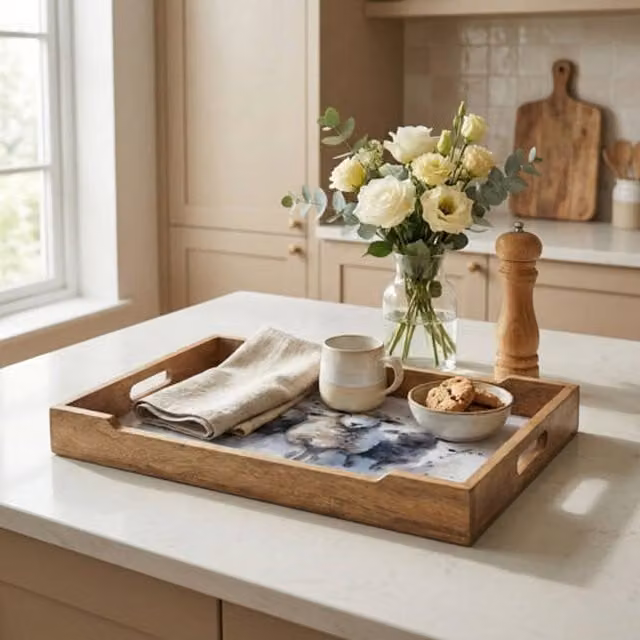 Madison & Mayfair Rectangular Wooden Sheep Motif Tray with Handles in Brown and White – 1