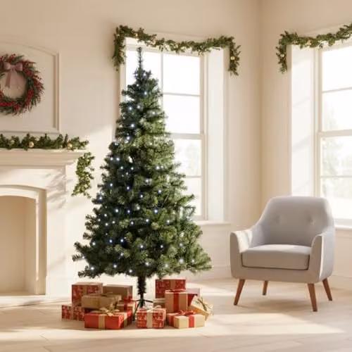 Shatchi 6ft Alaskan Pine Pre-Lit Artificial Christmas Tree with Cool White LEDs in Green – 3