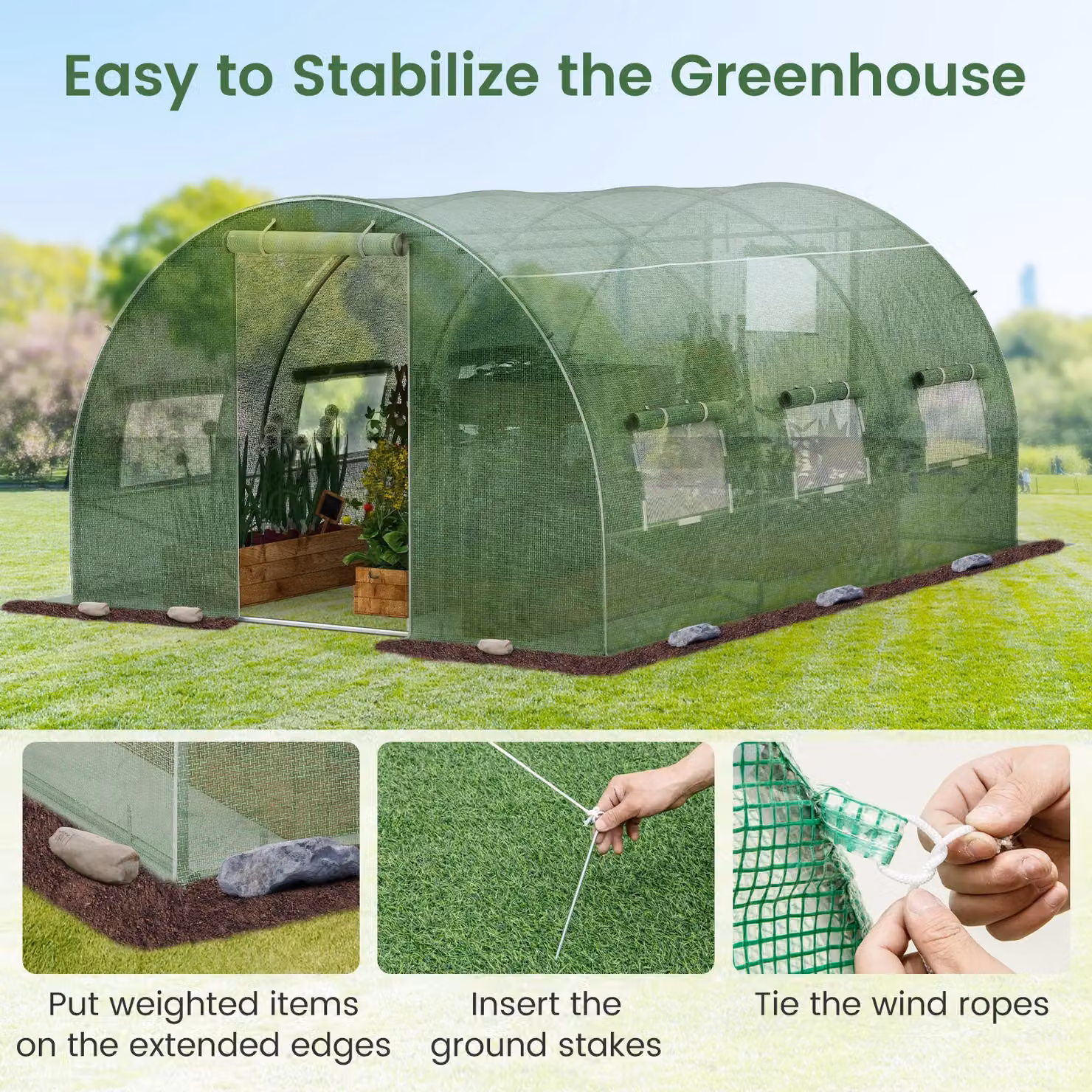 Costway Green Outdoor Walk-in Tunnel Greenhouse with Roll-up Windows, W/D/H: 400 x 300 x 200 cm – 7