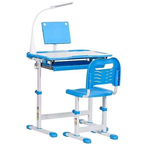 HOMCOM Height Adjustable Kids Desk and Chair Set with Sloped Surface in Blue – 1