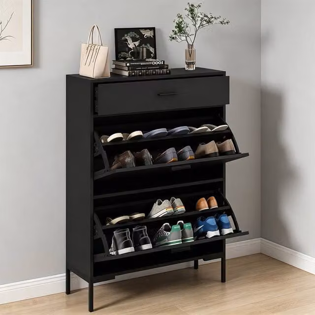 ERGOVEXA Slim Black Shoe Storage Cabinet with 3 Tilting Drawers and Internal Shelves – 1