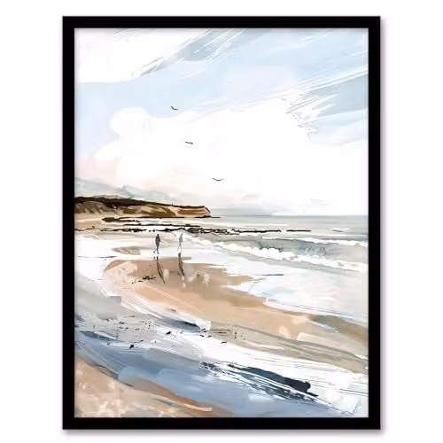 Artery8 Filey Beach Watercolour Coastal Landscape England Framed Wall Art Print, Blue, W: 21.0 x H: 29.7 cm – 1