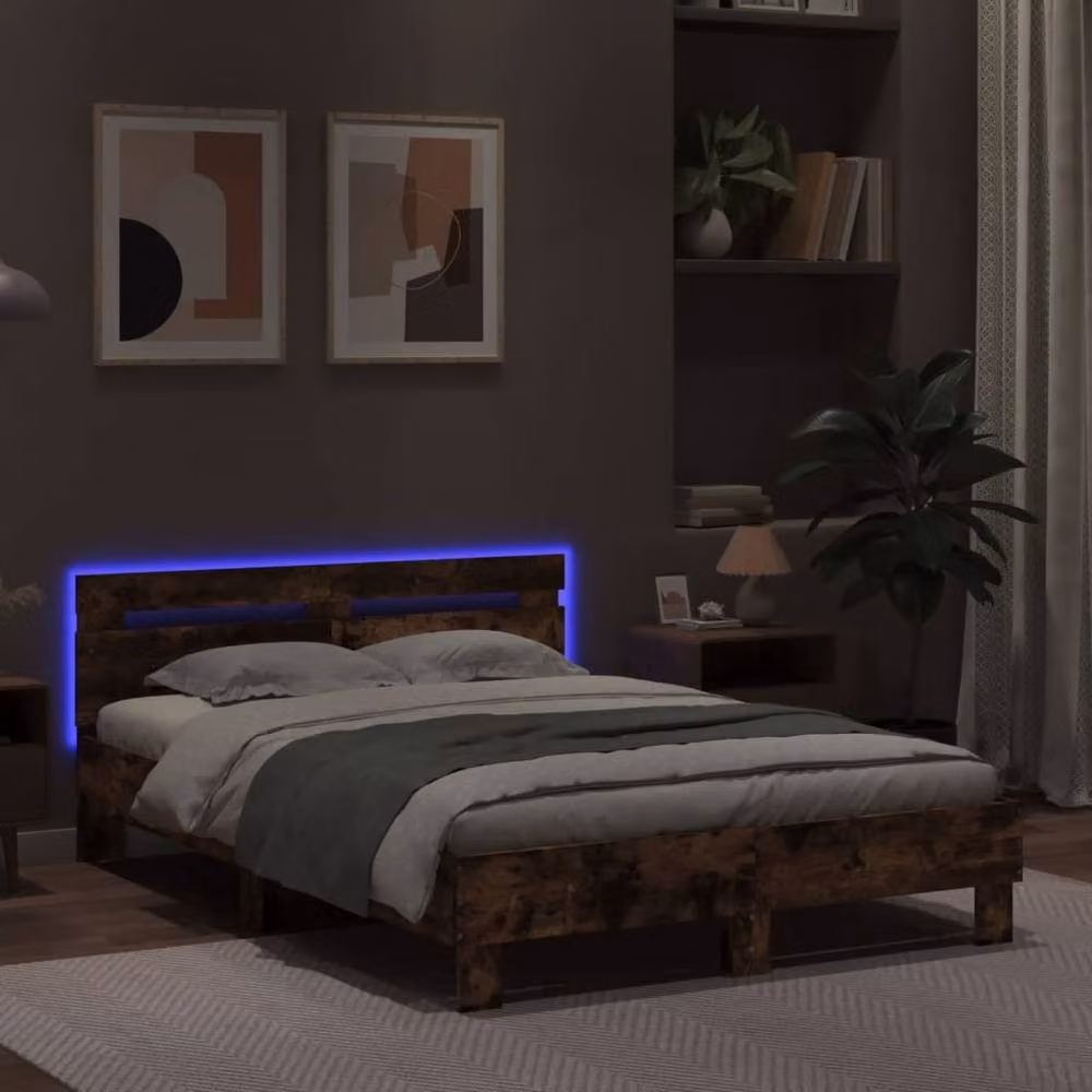 Berkfield Home Modern Double Bed Frame with LED Under-Bed Lighting and USB Charging Port in Smoked Oak Brown, W: 135 cm, L: 190 cm – 4