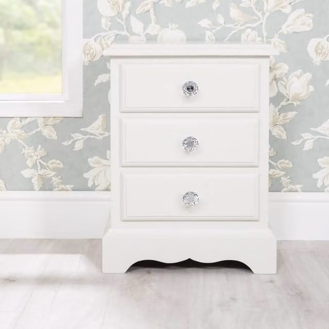 Statement Furniture Romance 3 Drawer French Style Bedside Cabinet in Light Grey and White with Crystal Handles