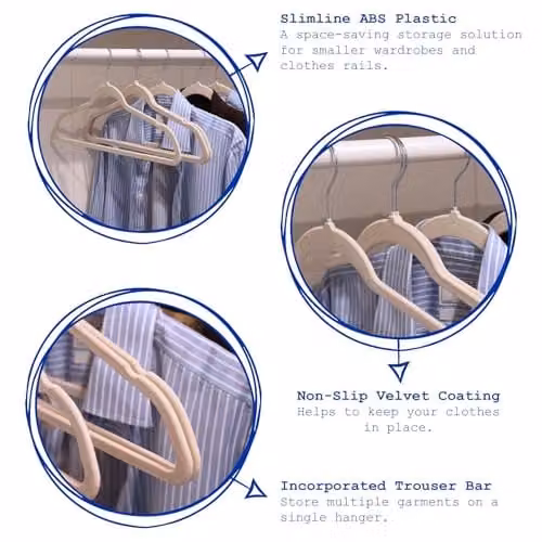 Harbour Housewares Non-Slip Velvet Clothes Hangers with Trouser Bar, Blue, Pack of 100