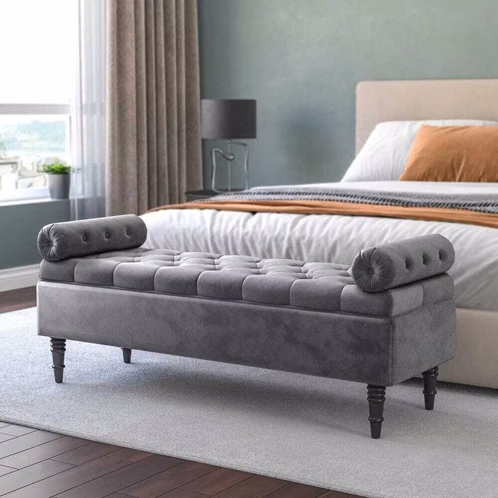 FORGEVIO Grey Velvet Ottoman Storage Box Trunk Chest Bench – 5