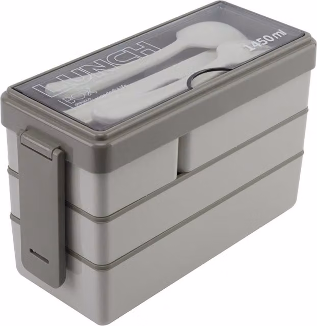Livingandhome 3-Layer Plastic Bento-Style Lunch Box with Cutlery and Compartments, Beige/Brown, Microwave Safe