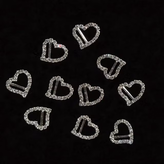 Syntego Pack of 10 Elegant Curved Heart Diamante Ribbon Slider Buckles in Silver