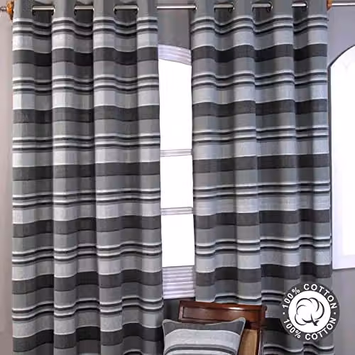 Homescapes Grey Cotton Morocco Striped Eyelet Curtain Pair, Width: 140 cm, Drop: 137 cm – 5