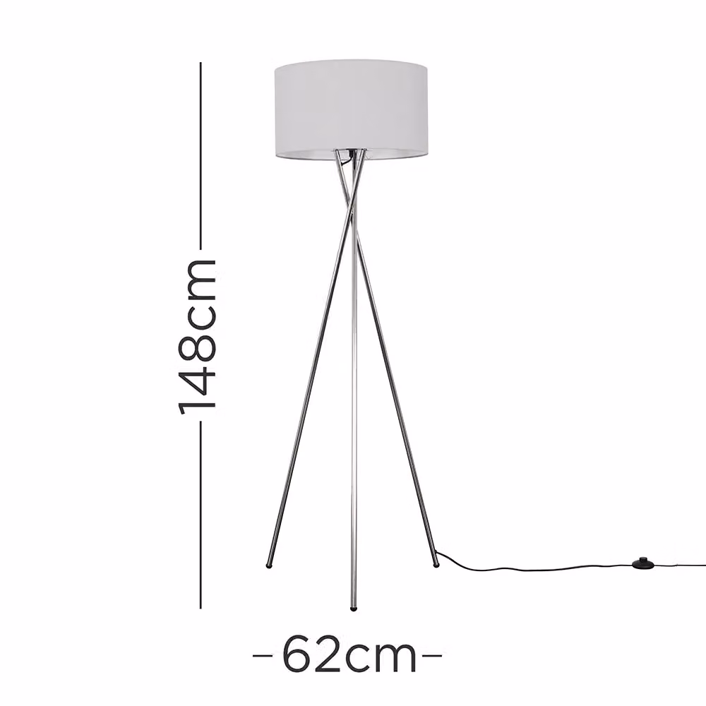 ValueLights Camden Modern Polished Chrome Metal Tripod Floor Lamp with Grey Fabric Cylinder Shade – 3