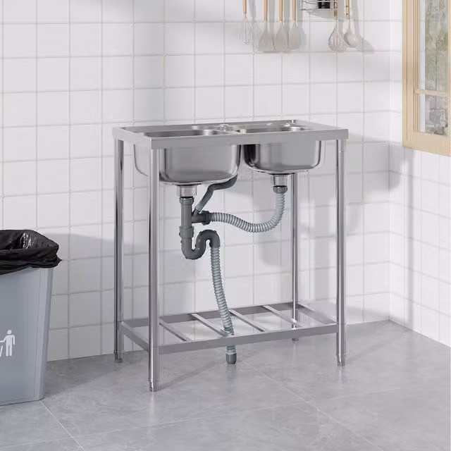 Komore Double-Bowl Stainless Steel Kitchen Sink with Storage Rack, Silver, Width: 76 cm