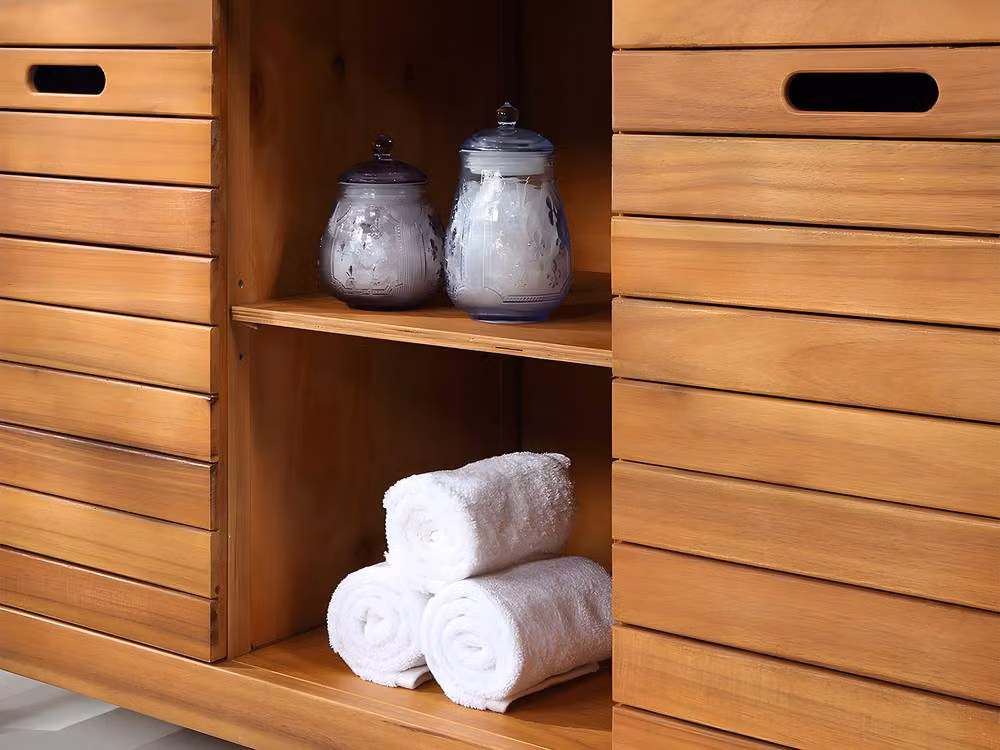 Vente-unique PULUKAN Acacia Wood Vanity Unit in Walnut Brown, W: 130 cm, D: 50 cm, H: 43 cm – 3